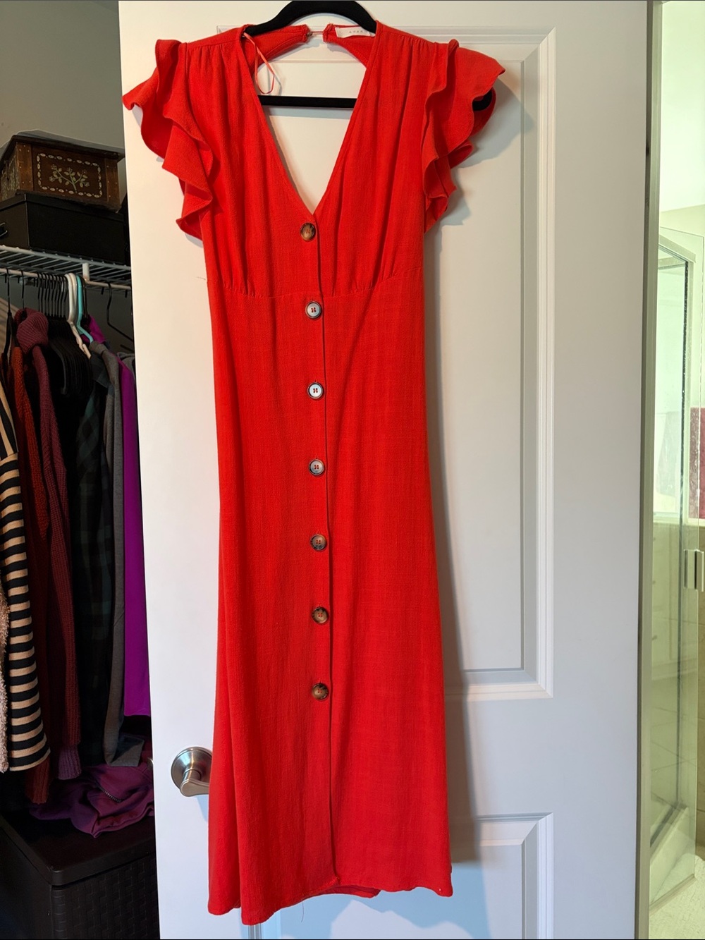 Lush Red Button-Front Midi Dress with Ruffle Sleeves